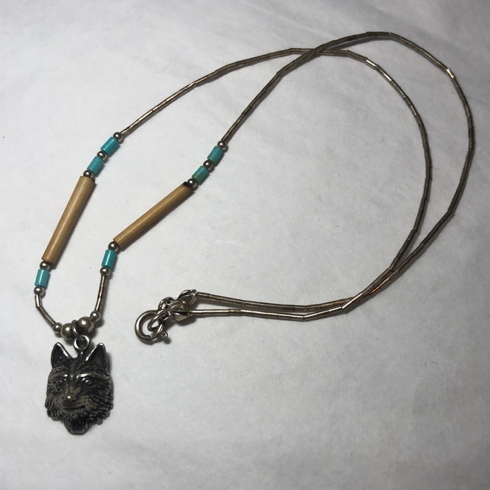Liquid Silver Turquoise Wolf Head Necklace